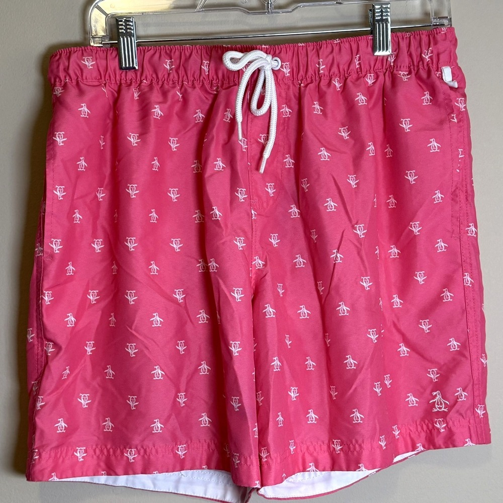 Original Penguin Swim Trunks Pink Logo Print Drawstring Board Shorts Large